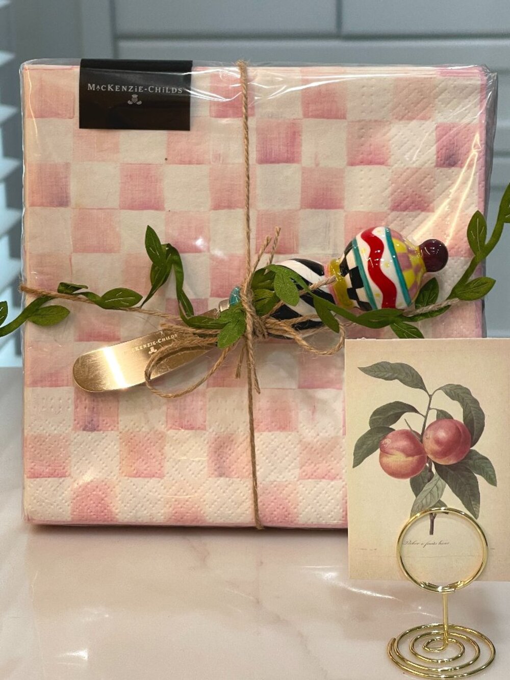 MacKenzie-Childs Rosy Check Napkin and Spreader Gift Set-NEW